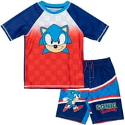 Sonic The Hedgehog by SEGA Pullover Drawstring Closure, Rash Guard \u0026 Swim Trunks Outfit Set (Men's)